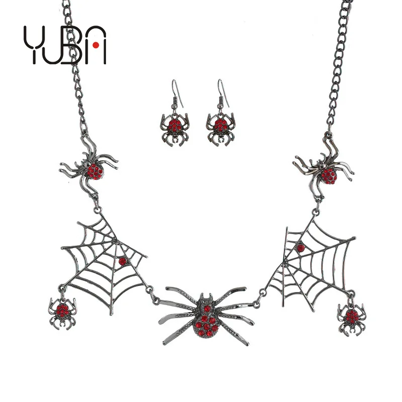 

European American Halloween Personality Spider Web Choker Short Necklace Spider Earrings Set, Customized color