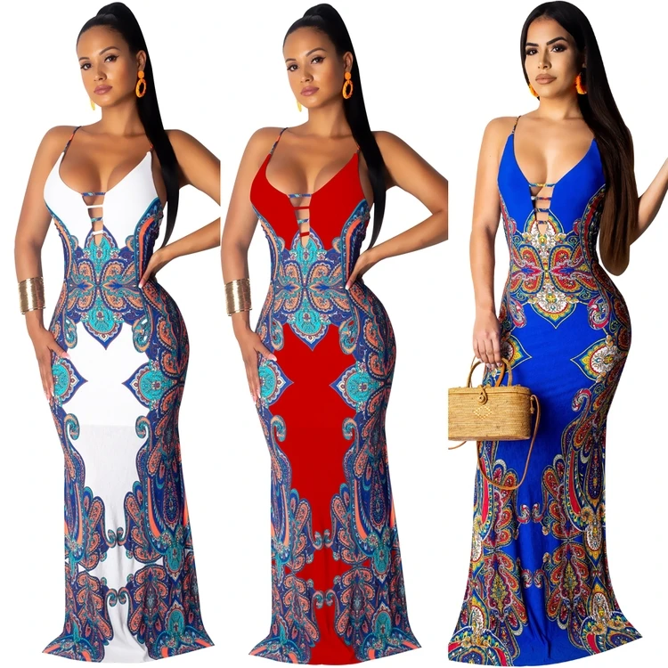 

Wholesale summer african clothing slip dress printed v neck hollow out maxi dress
