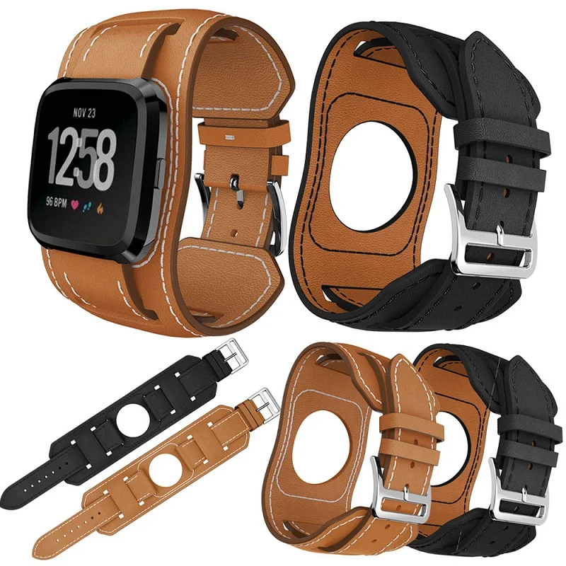 

for Fitbit Versa 2/Versa/Versa Lite Leather Bracelet Replacement Wrist Cuff Genuine Leather Watch Strap Band, Black, brown