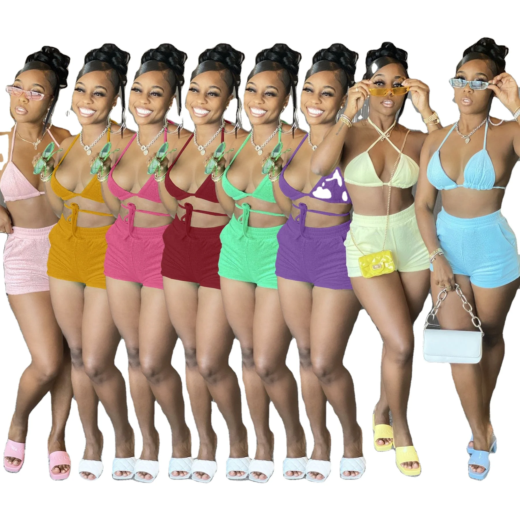 

Plus Size Women's Swimsuits Solid Color Halterneck Sexy Bikini with top and shorts Two pieces set for beachwear 2021 summer