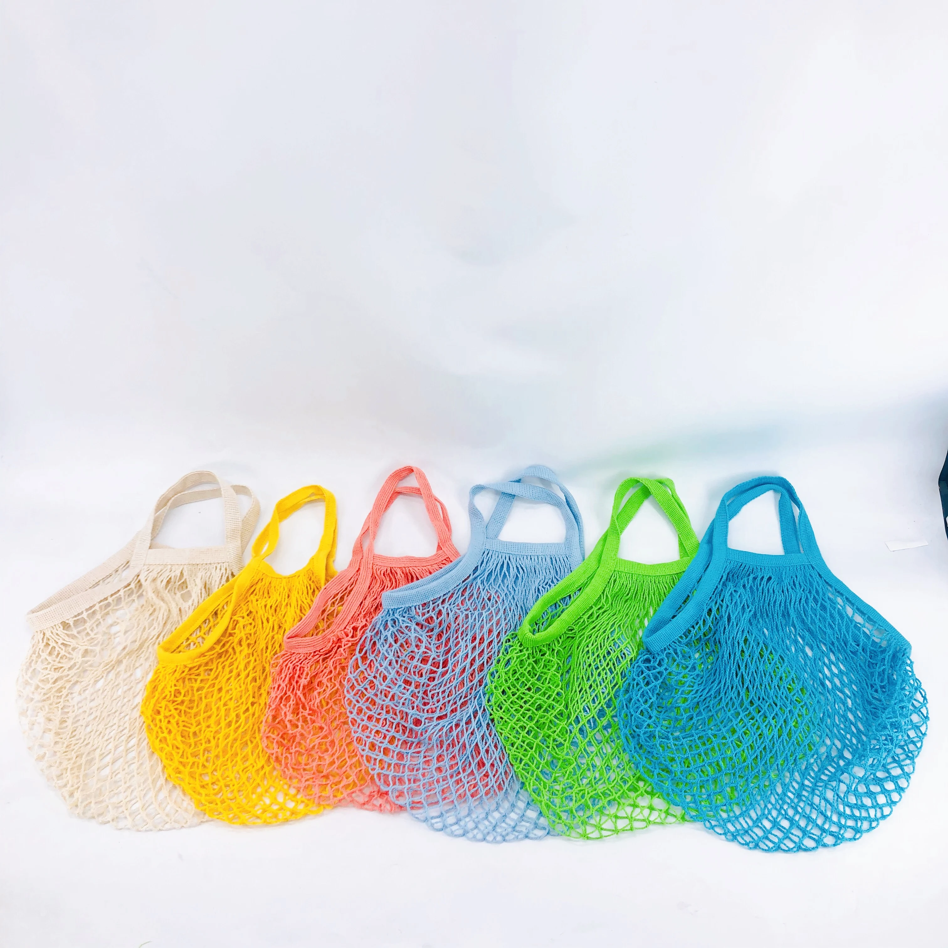 

factory customized Cotton mesh vegetable fruit shopping tote hand shoulder supermarket convenient net bag, White, black and blue