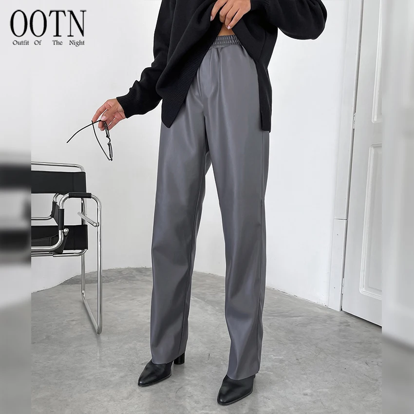 

OOTN Winter 2022 Office Ladies Plain Floor-Length Pants Elastic Waist PU Warm Trousers Faux Leather Classy Straight Pants