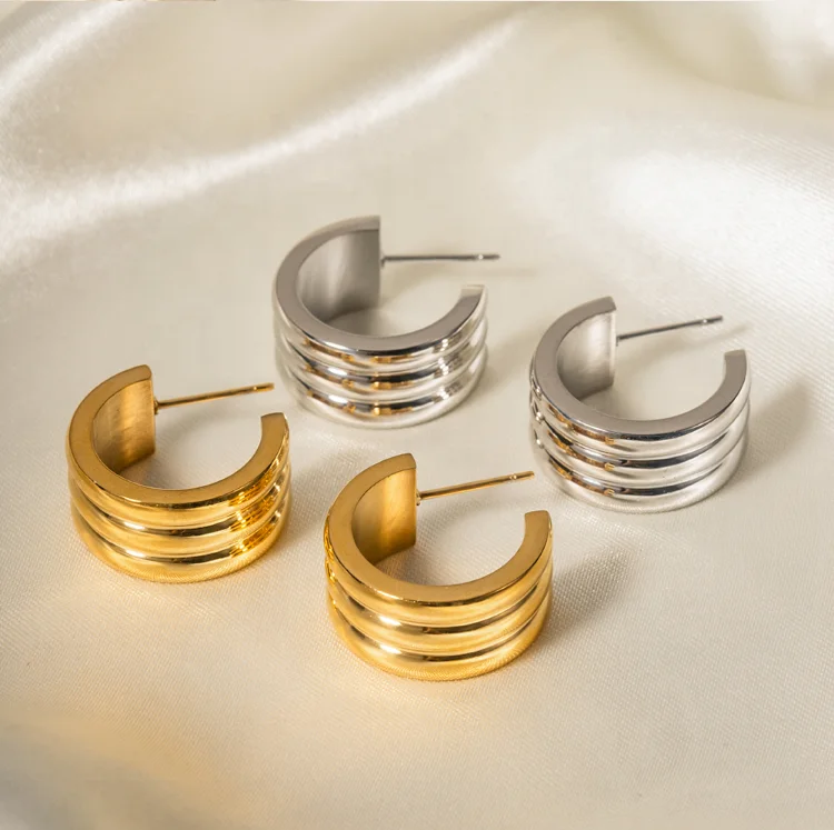 

Vintage Layered CC Hoops 18K PVD Gold Plated Hoop Earring Geometric Stainless Steel Circle Minimal Hoop Earrings