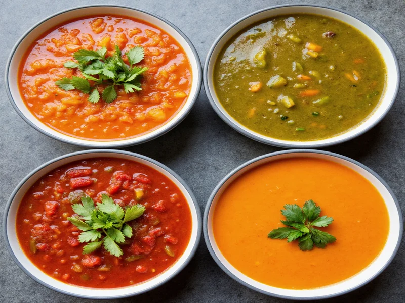 Colorful homemade vegetable soup variations in bowls