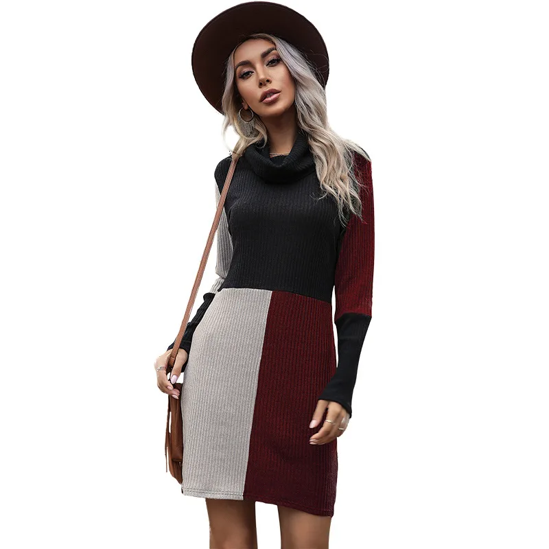 

Factory small MOQ order Amazon 2021 autumn new style turtleneck sweater women long sleeve high neck jacquard sweater dress