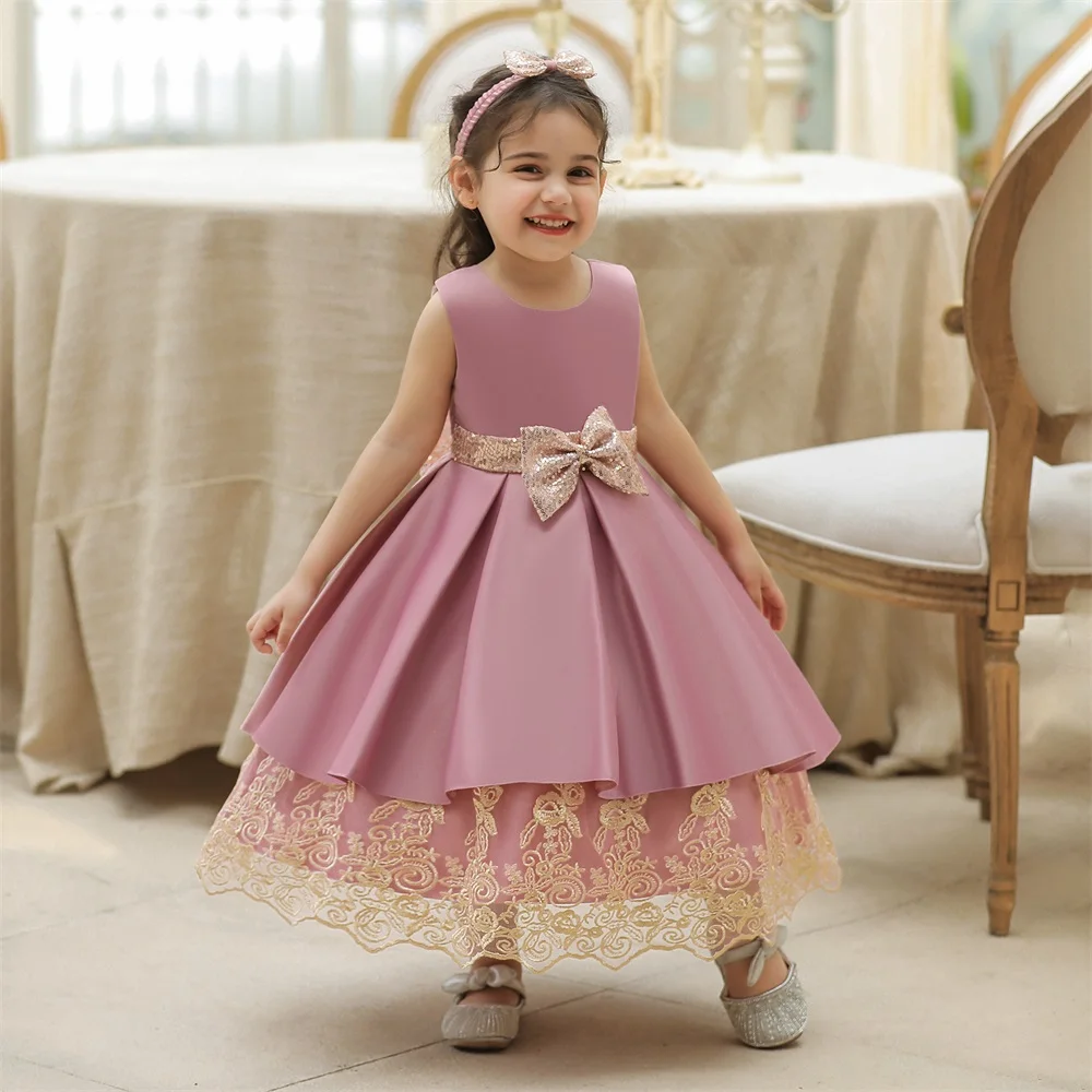 

FSMKTZ Sequined Bow Sleeveless children girl dress Pink flower girl dress for weeding with free headband