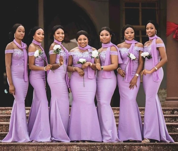 

7630# 100% Real Photos Purple Off-Shoulder Short Sleeve Good Quality Purple Mermaid Bridesmaid Party Wedding Dress
