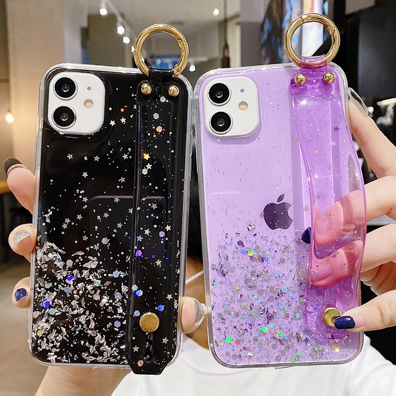 

For iPhone 12 Case ,Bling Sparkle Sequin Star Gold Foil Holder Wrist Strap Glitter Clear Cell Phone Case for iPhone 12 Pro Max