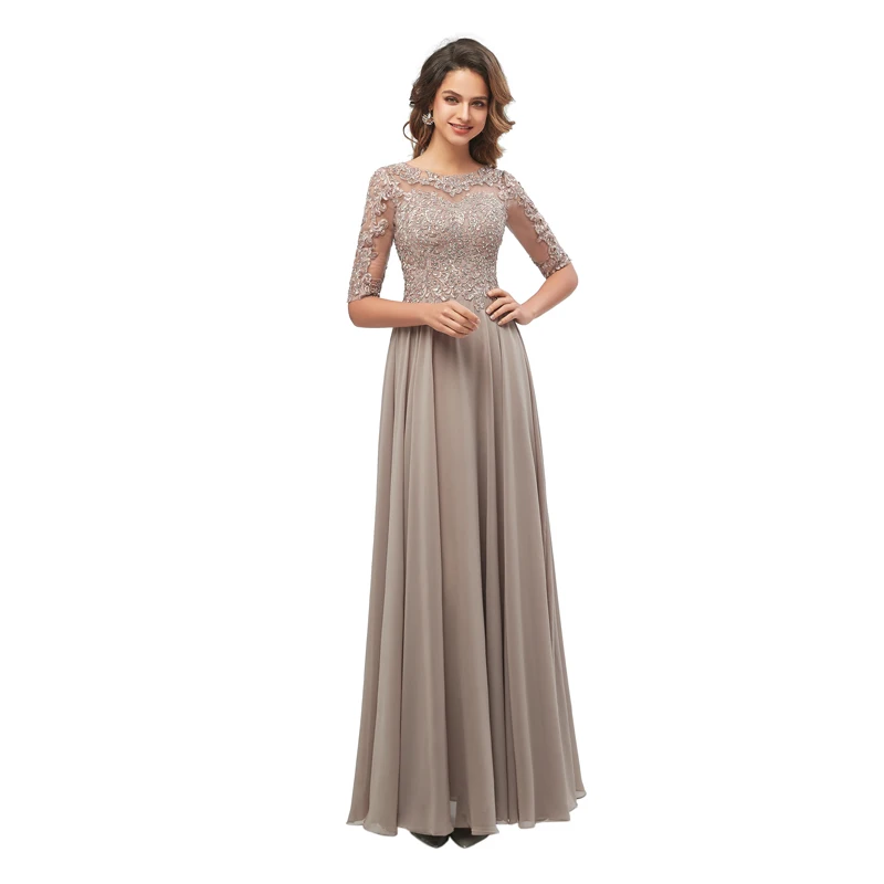 

Elegant Grey Lace Chiffon A-Line Evening Dress Half Sleeves Women's Long Party Prom Dress Vestidos De Festa Longo