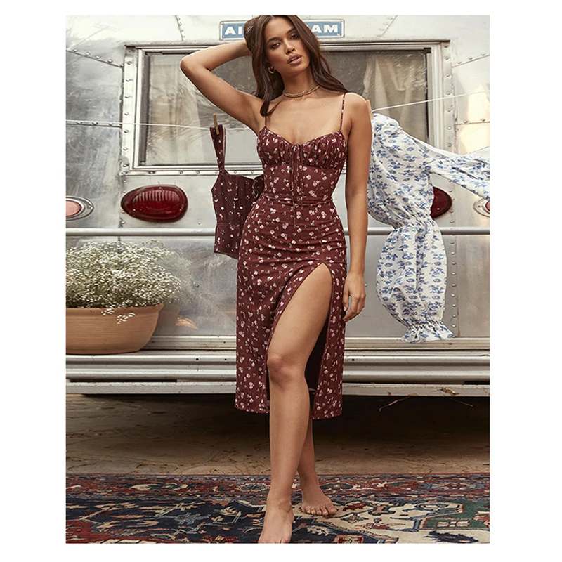 

308 Fashion 2021 new summer backless Sexy casual maxi dresses Plus Size Spaghetti Strap Women Beach floral casual dresses, Red