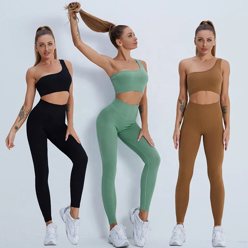 

Women Yoga Fitness Gym Running One Shoulder Top and Leggings Workout Set