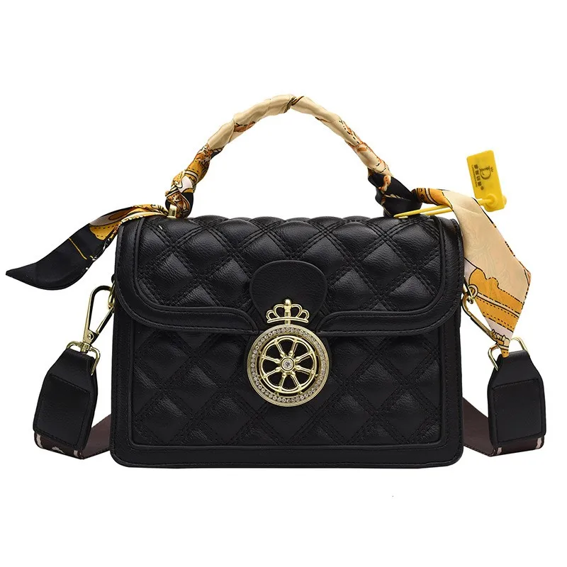 

New arrival high quality leather shoulder hand bags ladies Fashion special crown lock wide strap crossbody tote bag women purses, White, black