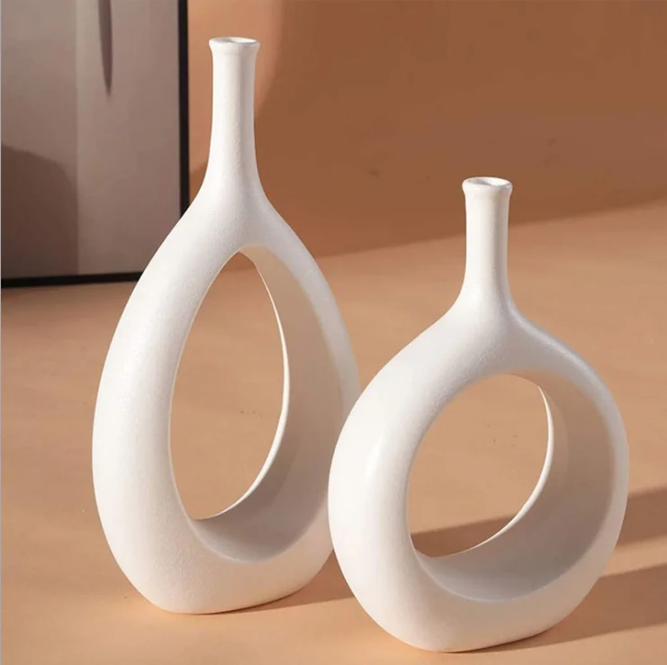

High quality ceramic porcelain vase table fashion floreros flower vases luxury home decorative donut vase, White