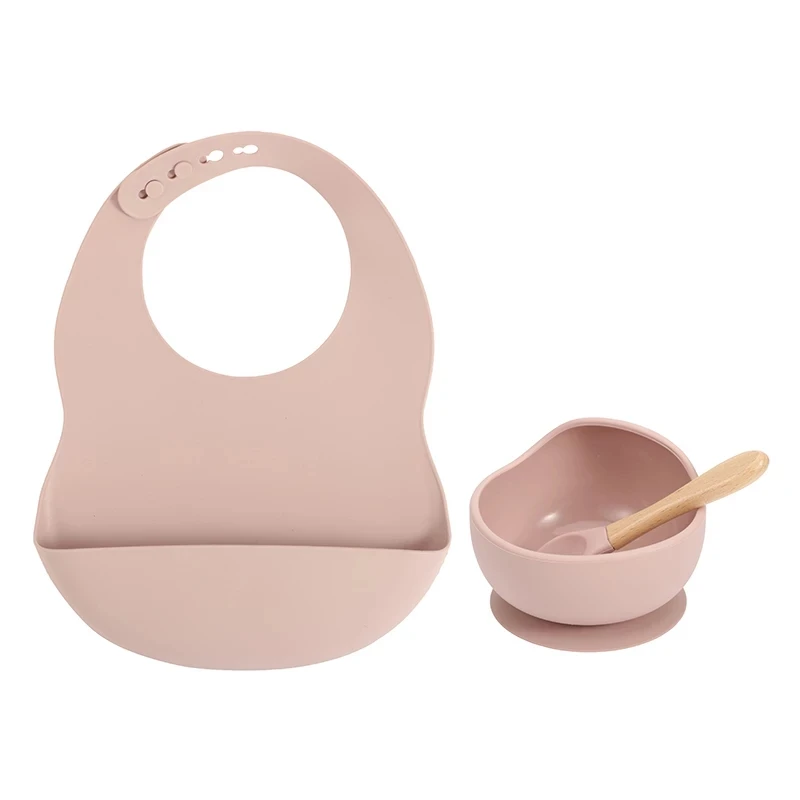 

Baby Silicone Feeding Set Wooden Spoon Suction Bowl Baby Plate Kids Toddler Assist Tableware BPA Free silicone bowl silicone bib, Customized color