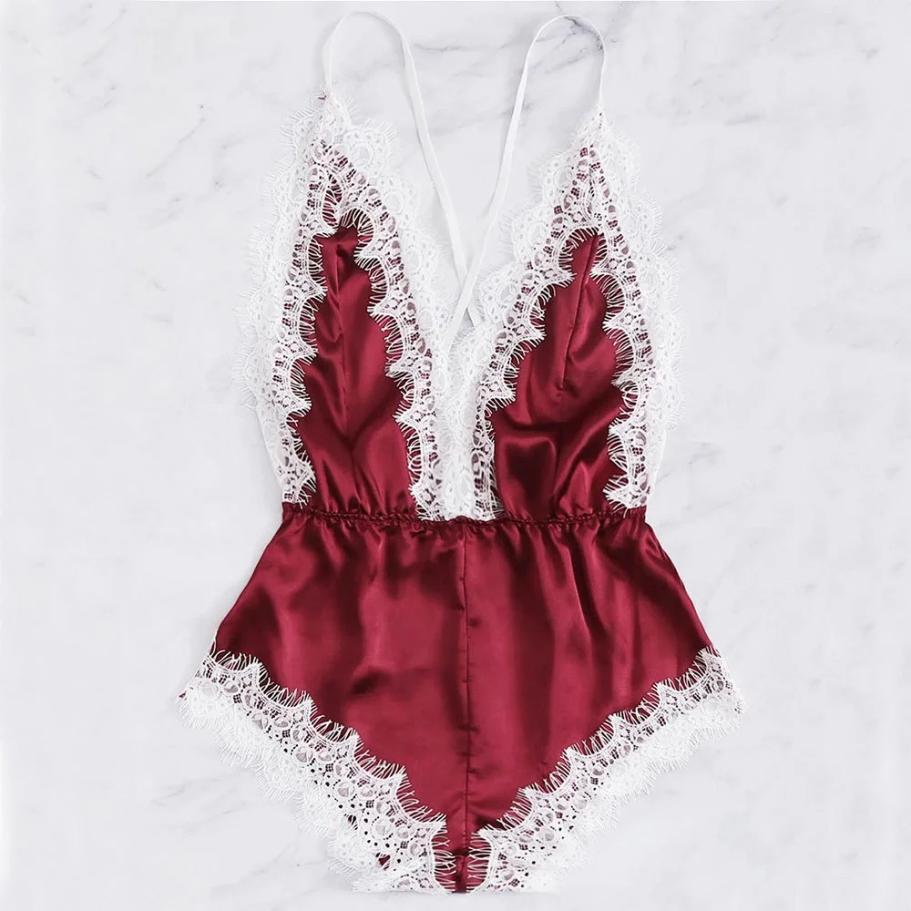

B24014A Lace deep V sexy jumpsuit nightgown backless home wear sexy pajamas
