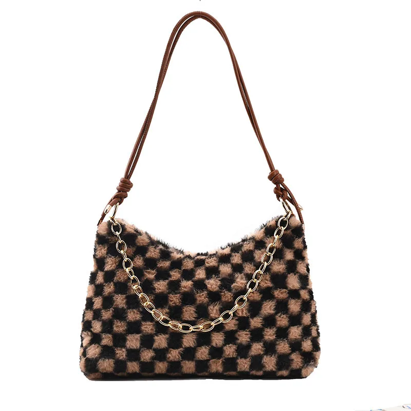 

Winter Fashion Ladies underarm bag Plush checkerboard chain Shoulder Bag 2021 new large capacity crossbody bag, 4 colors