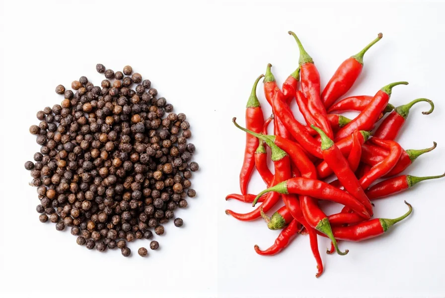 Side-by-side comparison of black peppercorns and red chili peppers with botanical labels