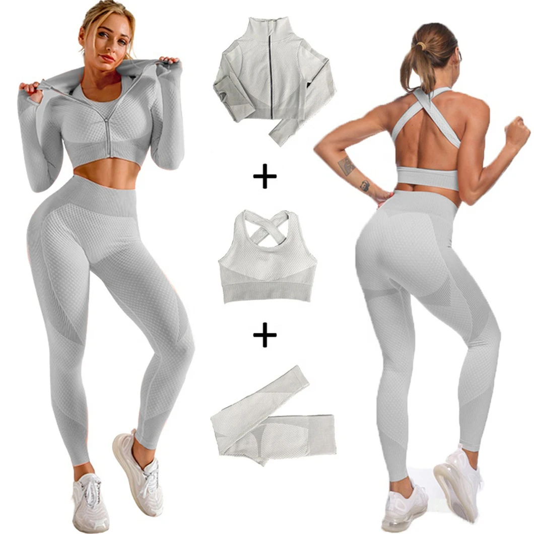 

High Elastic 3 Piece Jacket Bra Pants Gym Workout Clothing Wear Legging Yoga Set Jogging Women Yoga Set Fitness Activewear