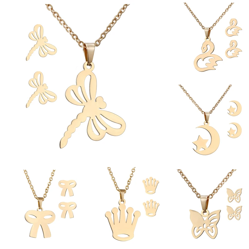 

Charm Wedding Butterfly Moon Heart Cat Cross Gold Stainless Steel Necklace Earrings Jewelry Set For Women, As the picture