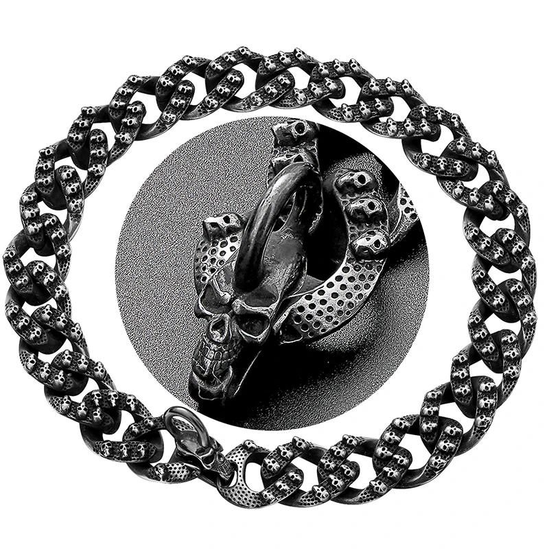 

Custom Personality Chain Dog Collar Carving Cool Skulls Pattern Black Stainless Steel Link Chain 22mm Hip Hop Dog Chain