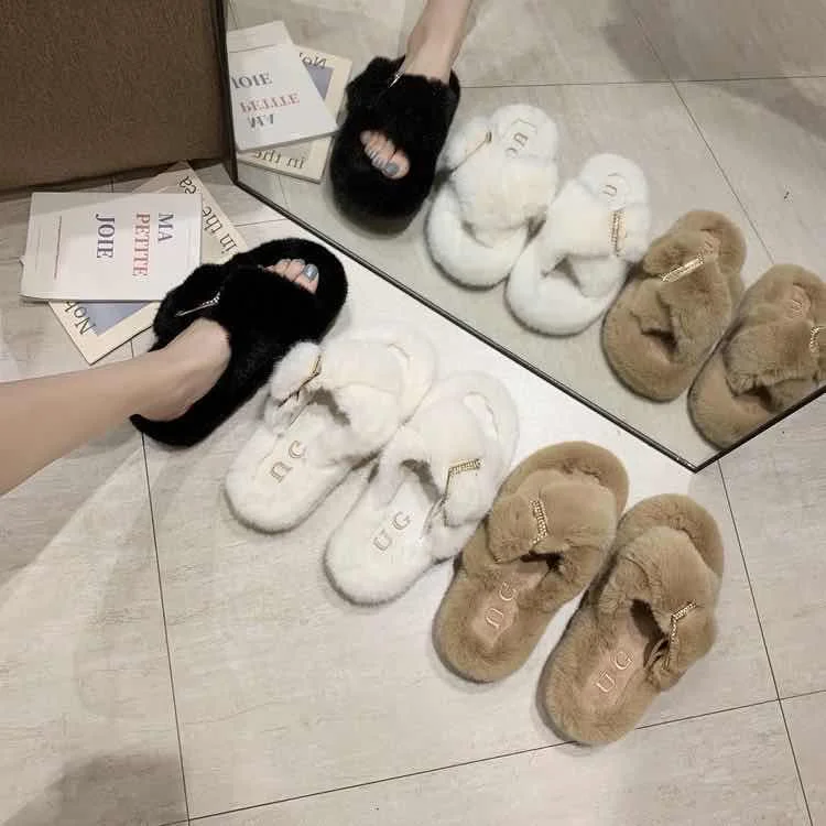 

Wholesale wedge platform sandals cross Plush sandals Fashion Indoor Faux Fur Slides furry slippers for women, Black, khaki,begin