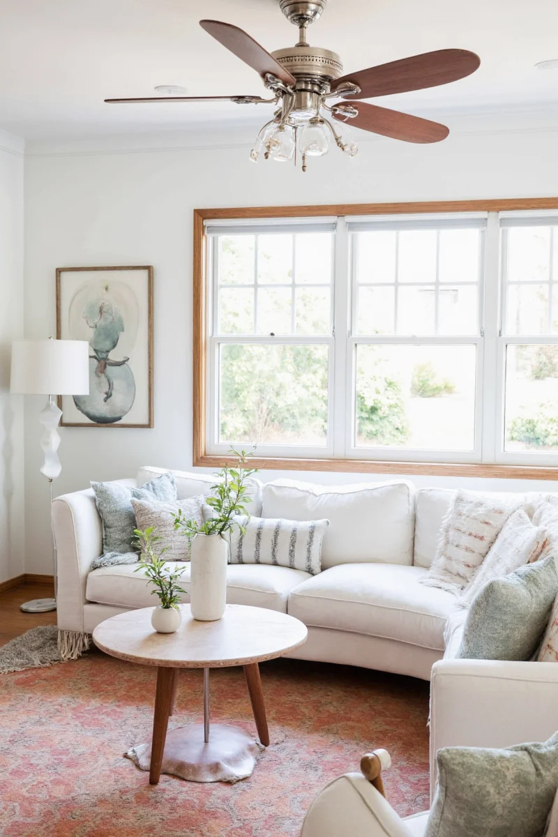 Family-friendly living room with playful pendant lights