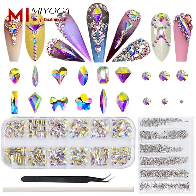 

MIYOCA Shaped Glass Nail Rhinestone Set Mixed AB Nail Crystals with Rhinestone Pick Up Tweezer and Pen for Nail Art Decoration