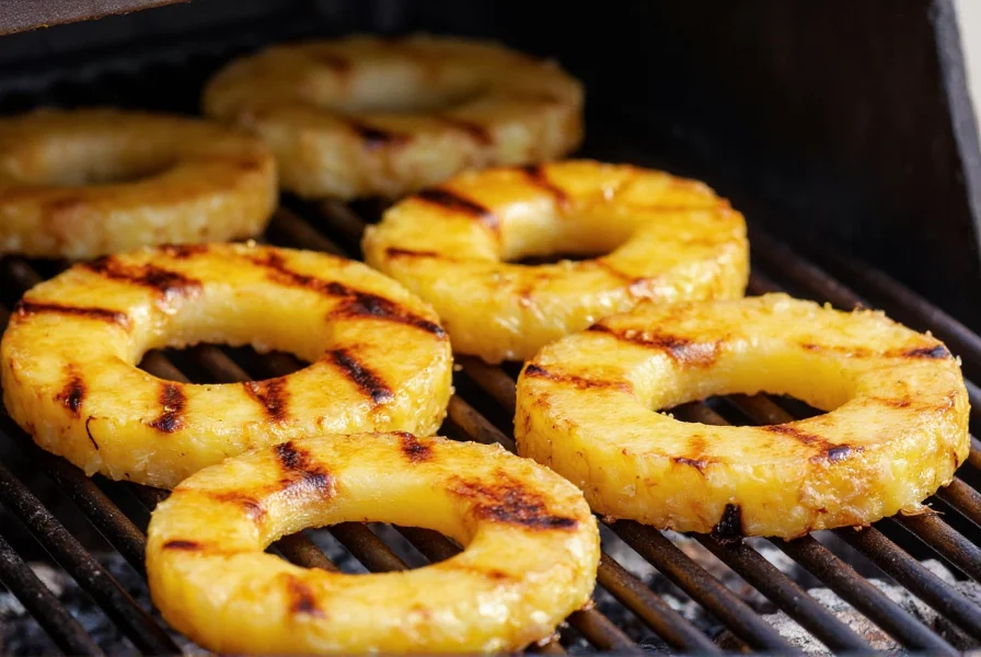Grilled pineapple rings with cinnamon caramelization on outdoor barbecue