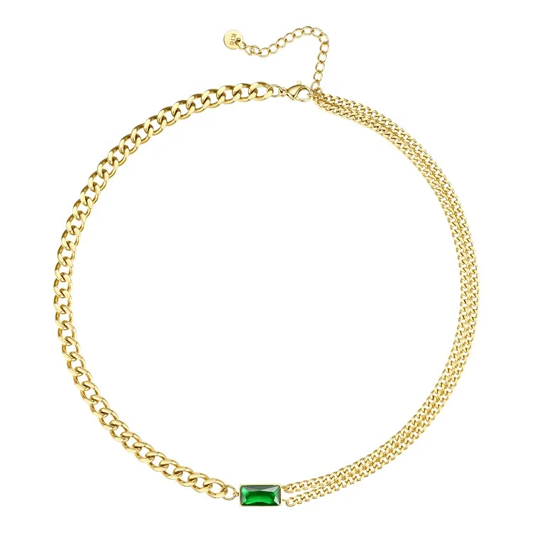 High Quality 18K Gold Plated Stainless Steel Rectangular Green Imitate Diamond Pendant Necklace P203116