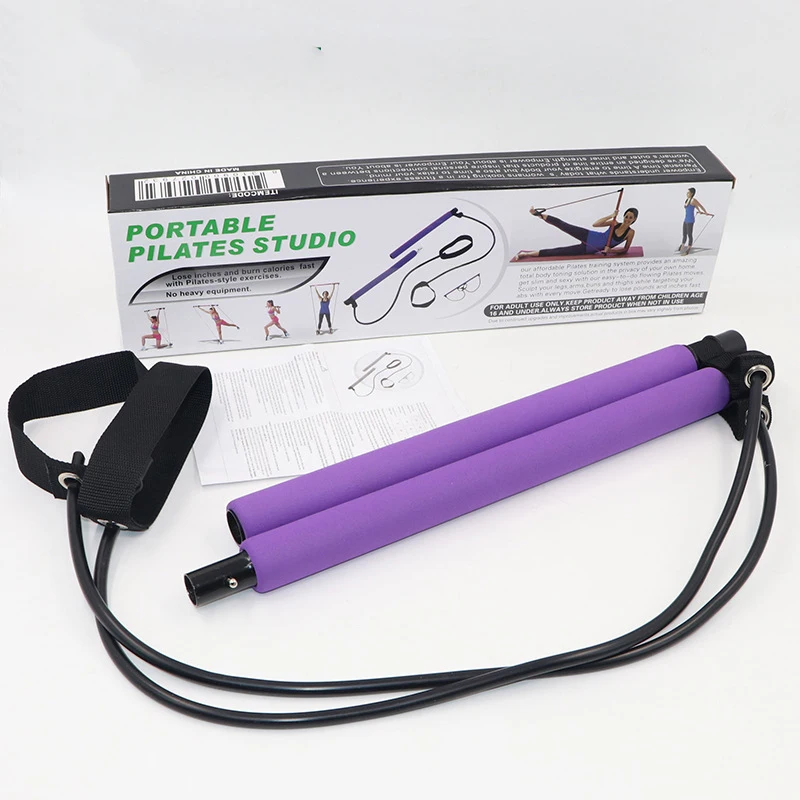 

Hot Sale Indoor Exercise Pilates Fitness Tool Stick Exercise Portable Pilates Bar Kit With Resistance Bands, Purple/pink