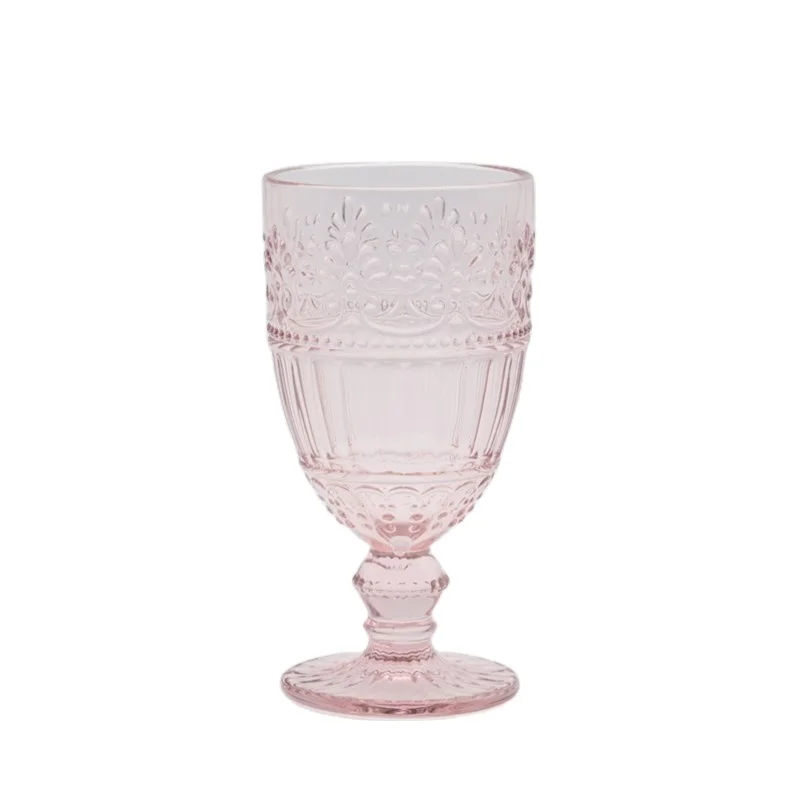 

2020 New design Pink Vintage Floral relief thickened glass cup/goblet