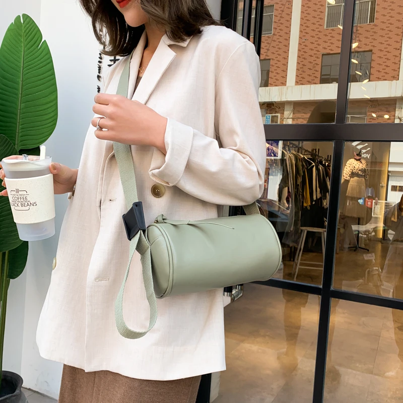 

Cylinder shape design zipper natural green pu leather shoulder purse and handbag with strap for women