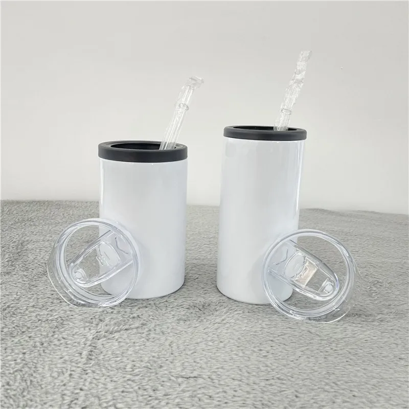 

12oz blank sublimation white DIY straight tumbler combo Skinny Can Cooler with Splash Proof Sliding Lid and Straw