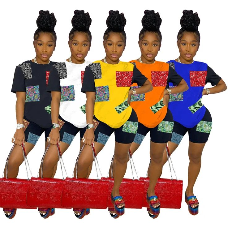 

PEARL Hot Onsale Summer Short Sleeve Splicing Short Pants 2021 Outfits Fashion Two Piece Set Women Clothing