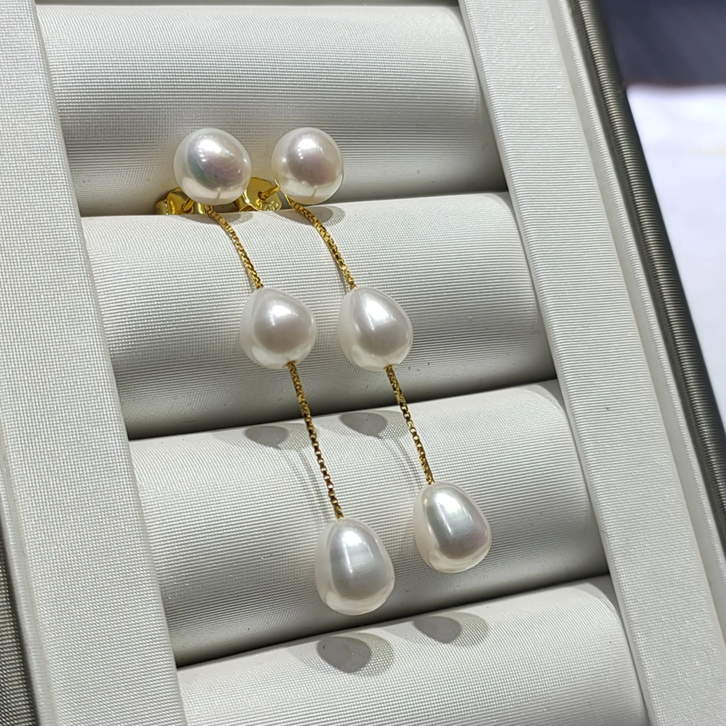 Dual-Purpose New Style 925 Sterling Silver Drop Long Chain Pearl Earrings 7-7.5mm Freshwater Rice Bead for Anniversary Party