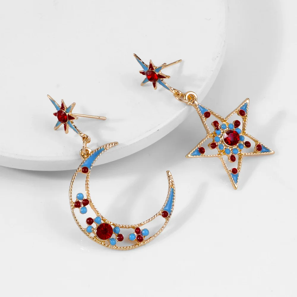

Korean Style Ins Real Gold Plated Asymmetry Micro Inlaid Zircon Pendant Earrings Hollow Cubic Zirconia Star Moon Drop Earrings