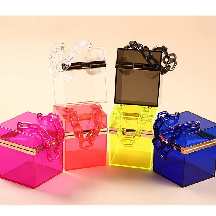 

New jelly bag fashion transparent acrylic chain small square bag clutch clear box purse, Blue, black, light green, violet, transparent, pink