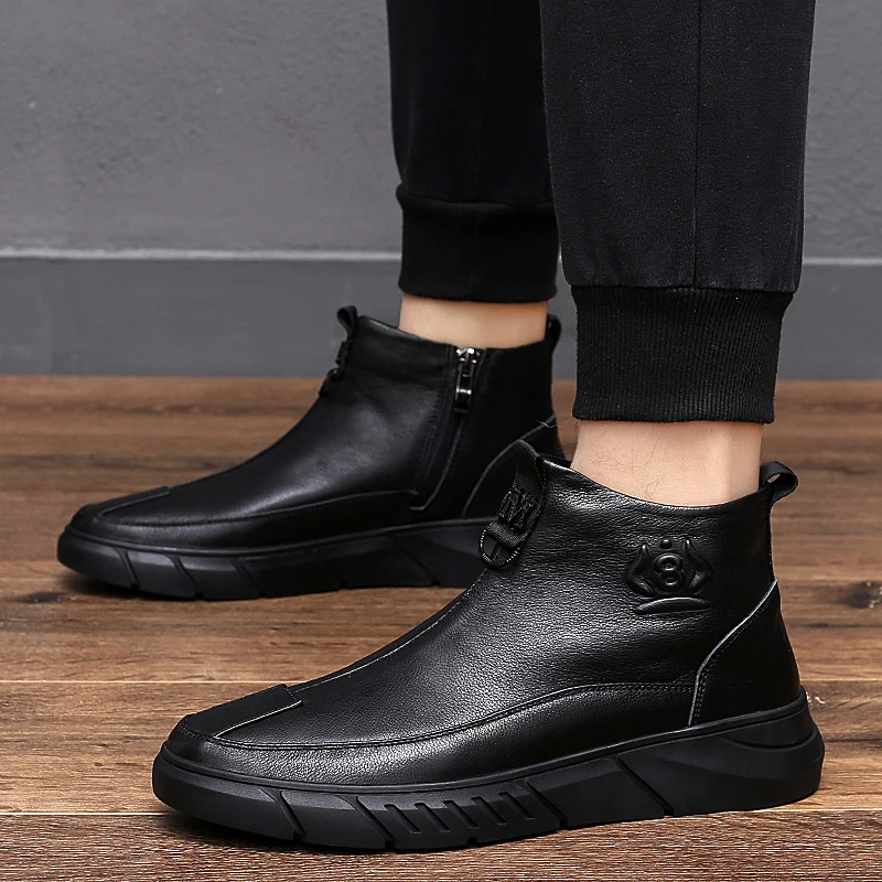 

New Arrival Men's Genuine Leather Boots Zipper Up Thermal Winter Boots Comfortable Trendy Casual Walking Shoes Driving Footwear