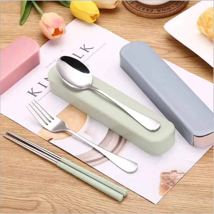 

Stainless Steel Travel Camping Cutlery Knife Fork Spoon Chopsticks Set With Case Lunch Box Utensils Portable Silverware Set, Silver cutlery set