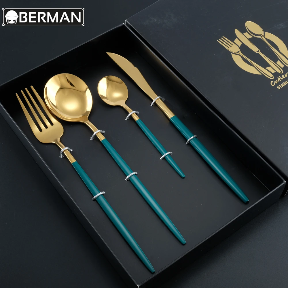 

Hot sell luxury fork knife and spoon set 18/10 stainless steel cutlery for dubai, Gold with green
