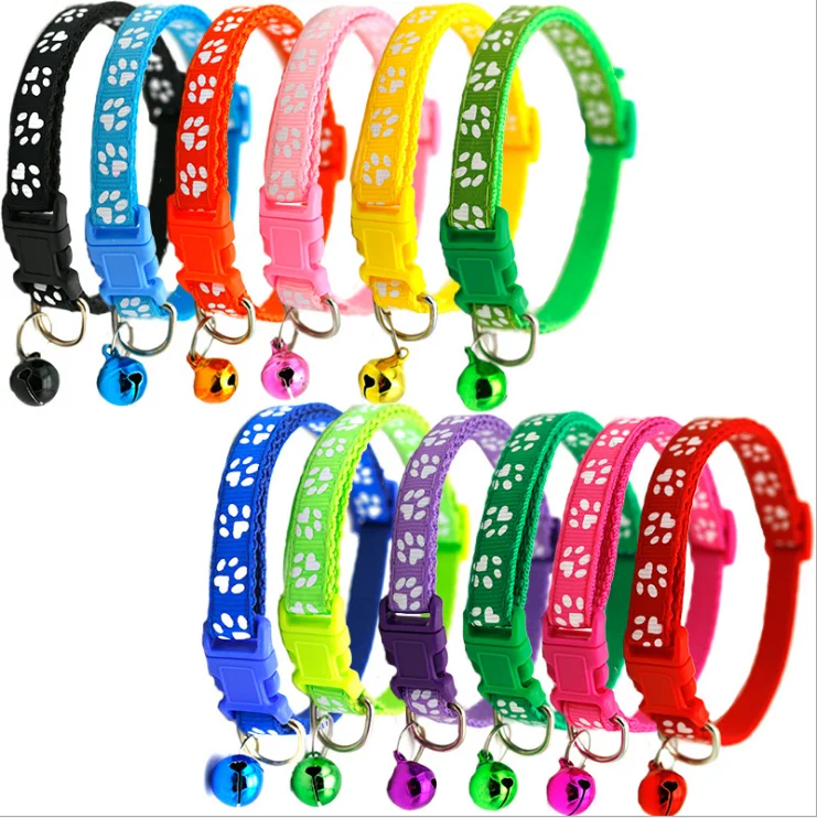 

12 Color Adjustable Polyester Paw Print Cat Collar with Bell Dog Cat Collar Buckle Cat and Dog Collar