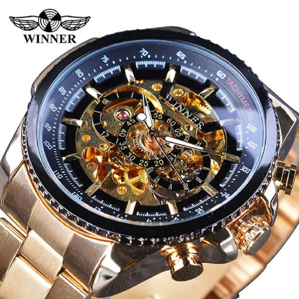 

Winner Men Watch Hot Sale Golden Steel Wrist Watches Top Luxury Business Mens Steampunk Automatic Skeleton Watch Montre Homme, 4-colors