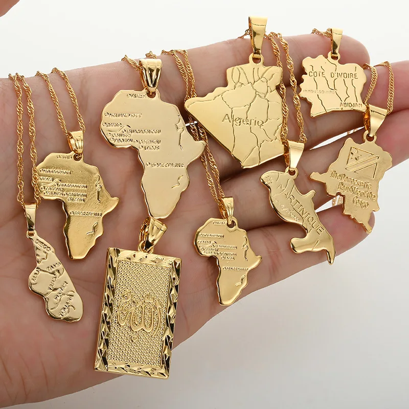 

Gold Chain Hiphop Style Stainless Steel Africa Congo Algeria Map Pendant Necklace For Women Men