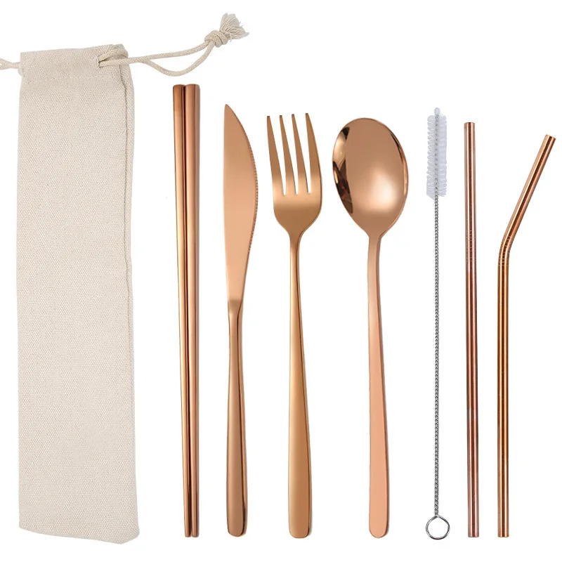 

Wholesale Portable Gold 304 Stainless Steel Cutlery Set Metal Flatware Drinking Straw Set Spoon Chopstick Set with Bag, Sliver,gold,rose gold,rainbow,black