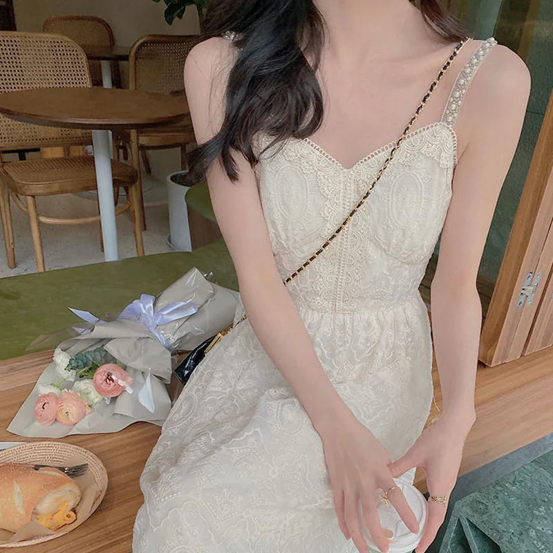 

A Elegant Midi Strap Dress Women Casual Lace Beach Solid Dress Female Evening Party Design One Piece Dress Korean 2021 Summer
