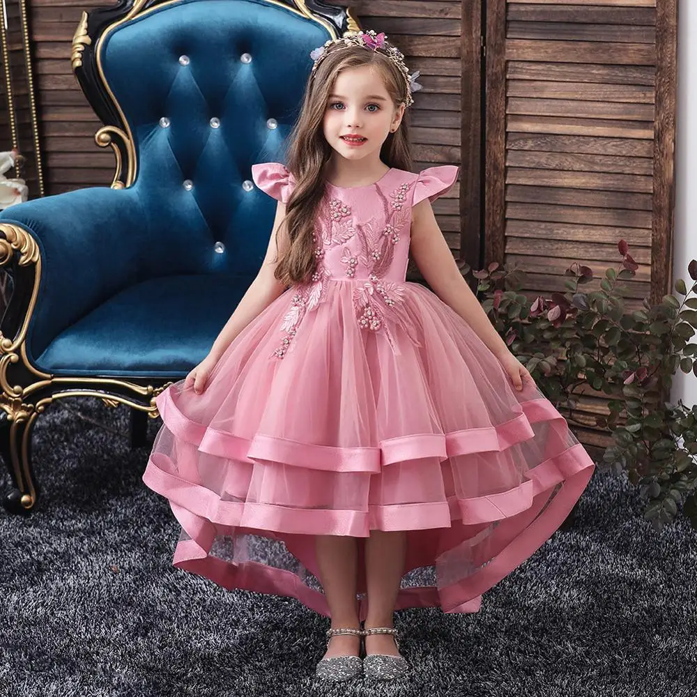 

New children's princess dress girl trailing catwalk wedding dress evening embroidery dress, Pink