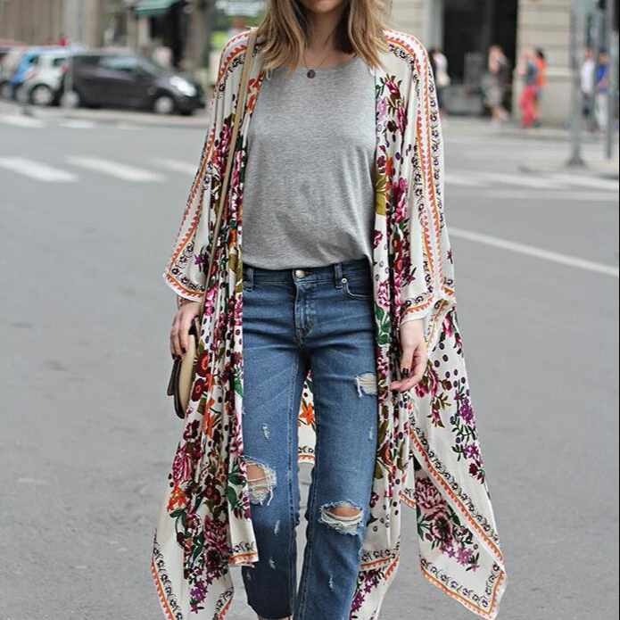 

Digital Printing Woman Long Smock Jacket Fashion Beach Floral Kimono Cardigan, White