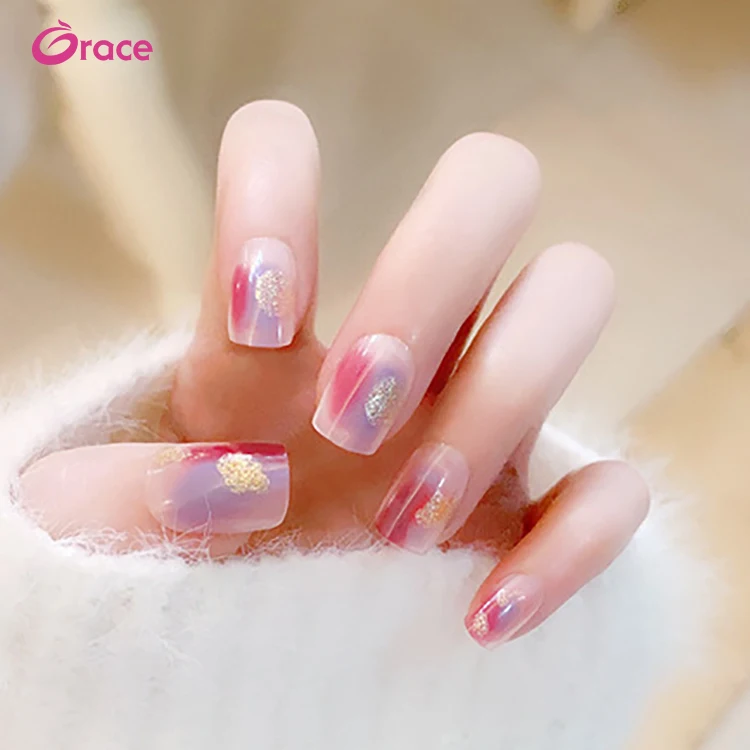 

P145 full cover fake nails press on artifical fingernails tips wholesale custom rose red with Gold foil short square shape, Natural white clear