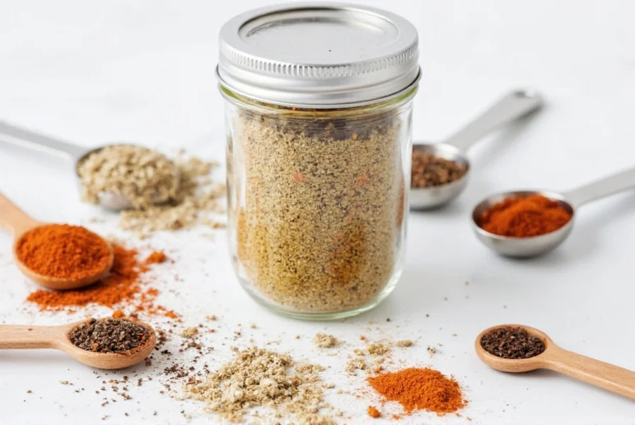 Homemade pickling spice blend in glass jar with measuring spoons and whole spices arranged around it