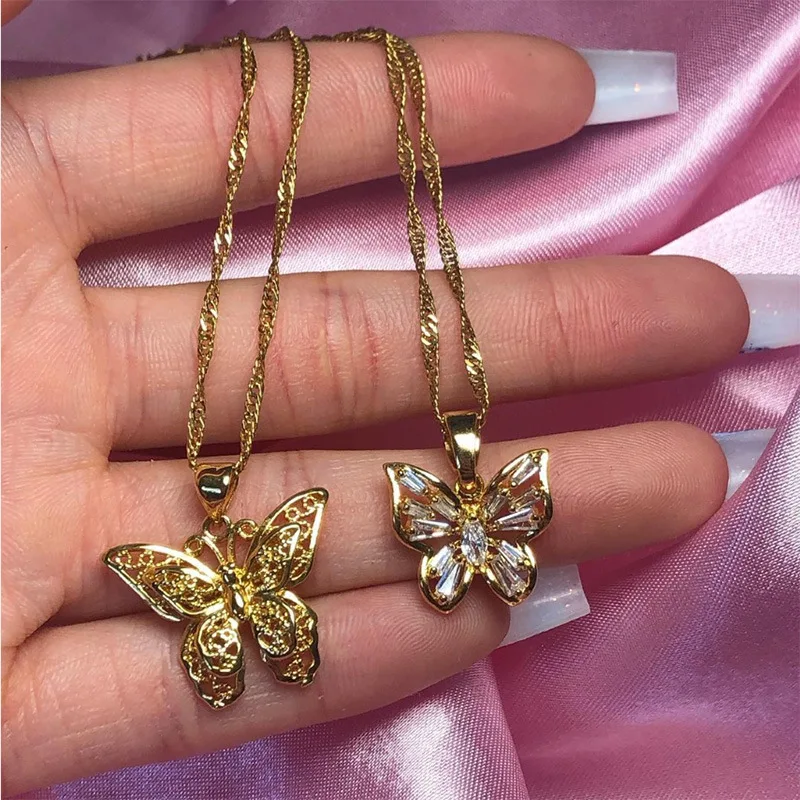 

Fashion Jewelry 18K Gold Plated Crystal Stainless Steel Zircon Butterfly Necklace, Gold,silver,rose gold